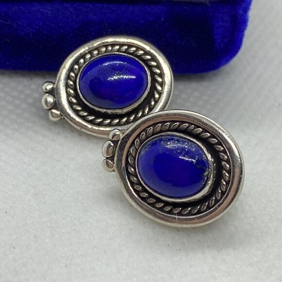 💛 925 Vintage Lapis Lazuli Clip On Earrings - Picture 3 of 4